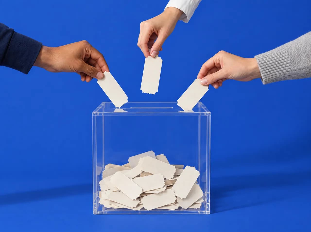 Illustration: three hands drop raffle tickets into a clear box