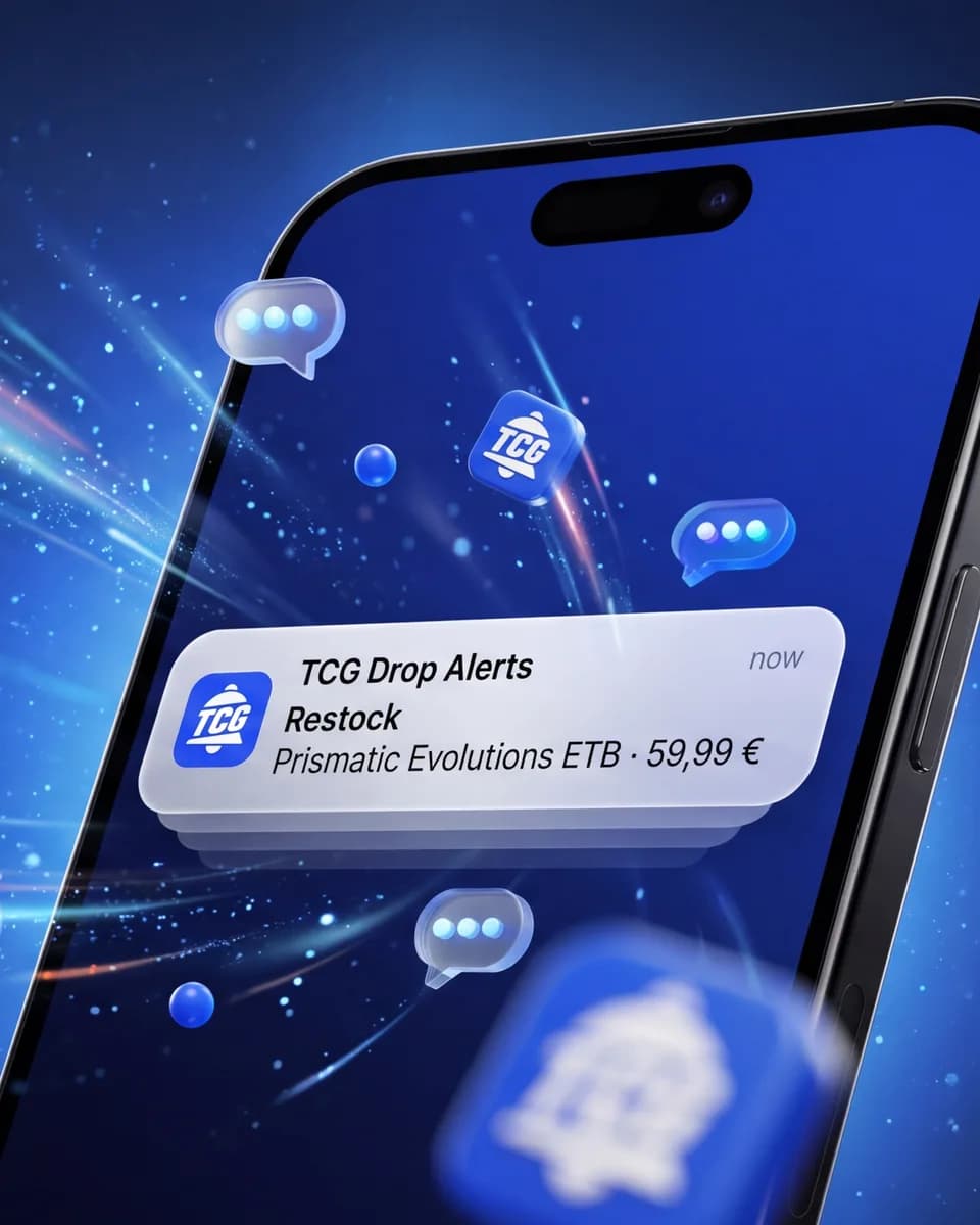 Tilted phone showing a TCG Drop Alerts notification: Prismatic Evolutions ETB back in stock at €59.99, surrounded by 3D app icons with a bell and blue light trails.