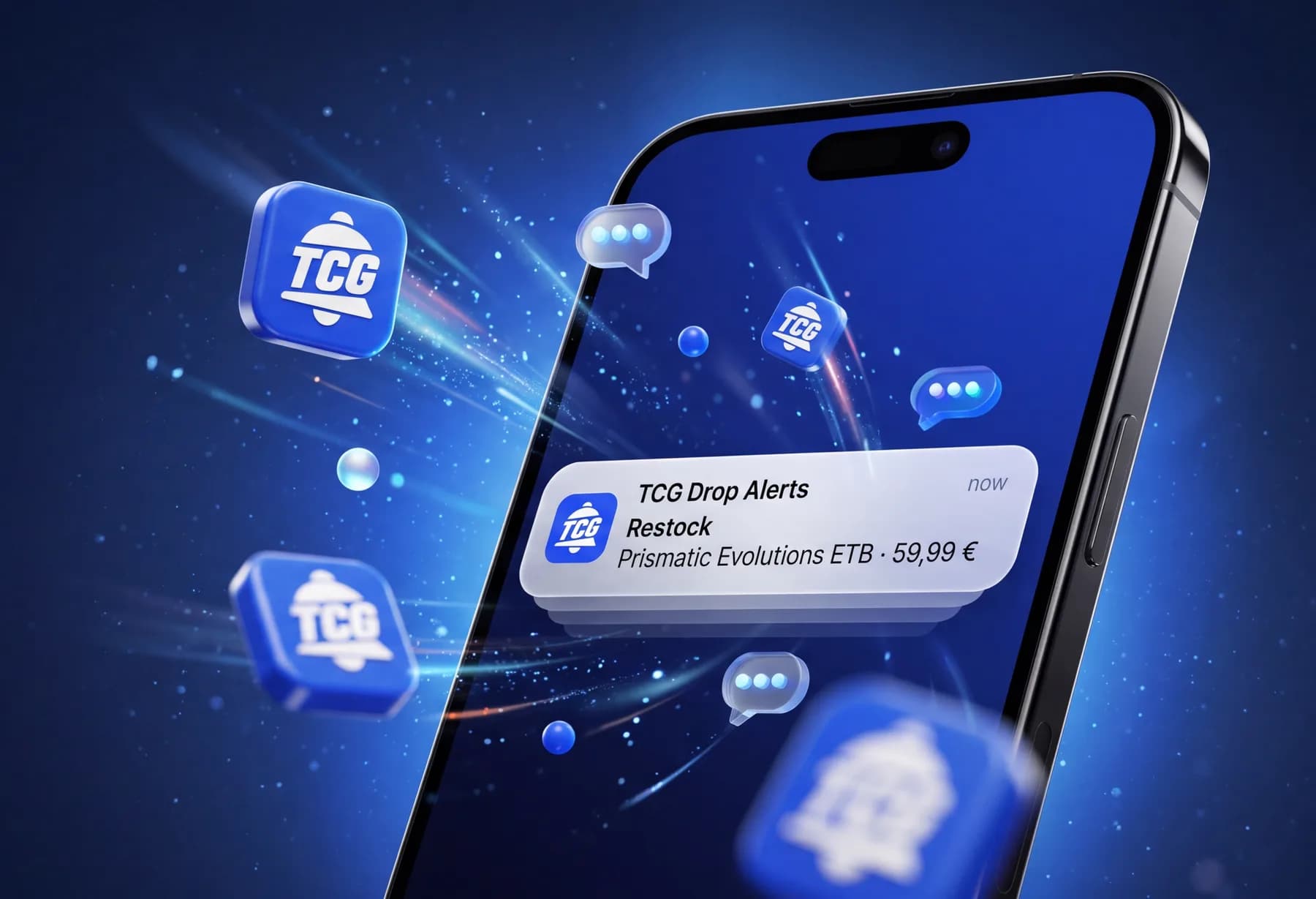 Tilted phone showing a TCG Drop Alerts notification: Prismatic Evolutions ETB back in stock at €59.99, surrounded by 3D app icons with a bell and blue light trails.